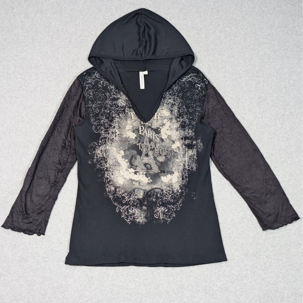 Y2K Vintage Women's Large Hooded Shirt Gothic Sheer-Sleeve Paris Print Black